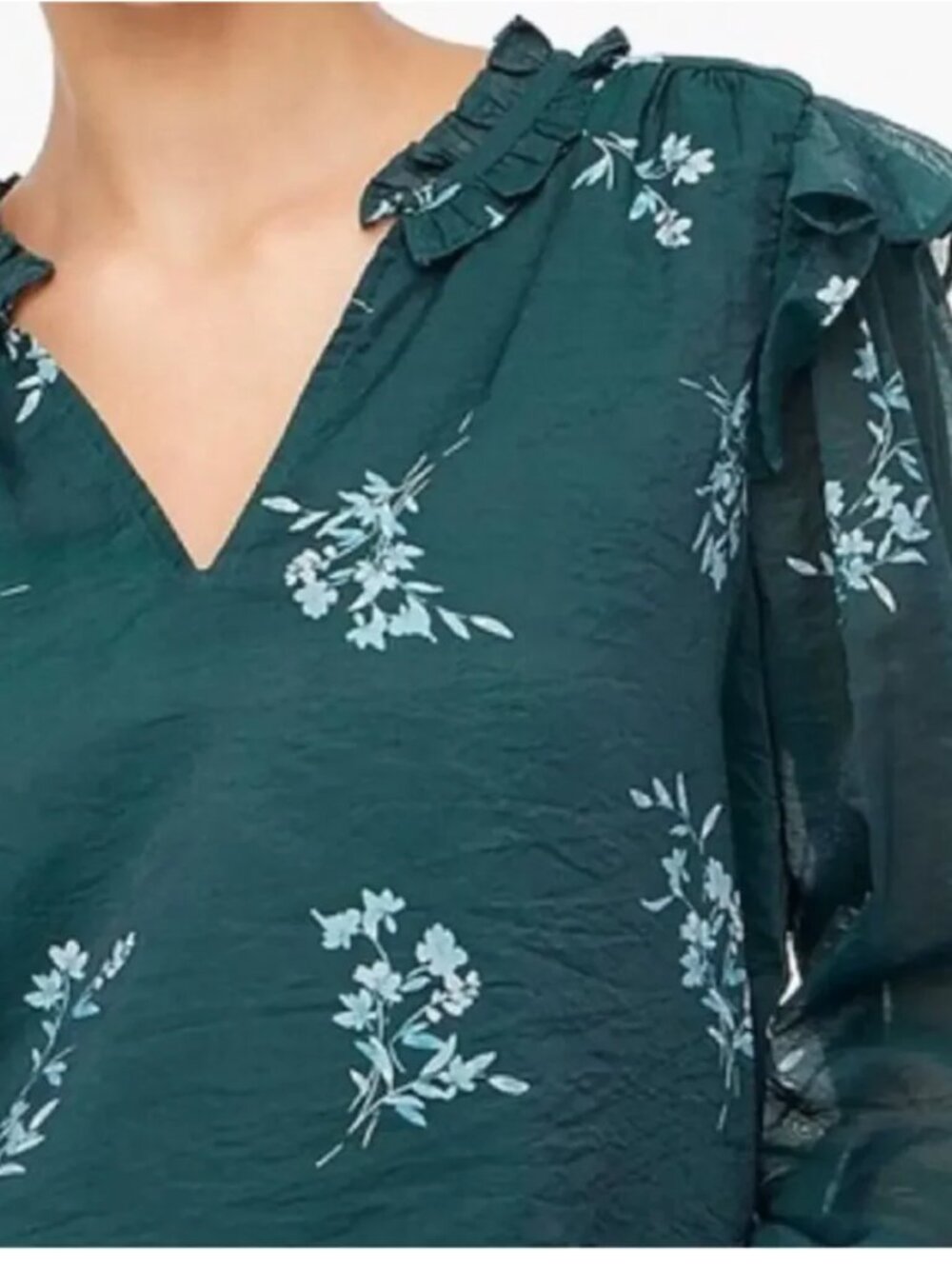 J Crew forest green ruffle collar blouse floral pattern XXL